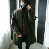 韩国代购冬男士军绿色毛呢大衣韩版宽松长款日系个性潮流羊绒外套