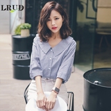 LRUD2016夏季新款韩版格子娃娃领衬衫女宽松显瘦学院风七分袖衬衣