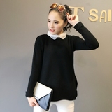 2016春秋韩版女装衬衫娃娃领套头毛衣宽松假两件针织衫短款打底衫