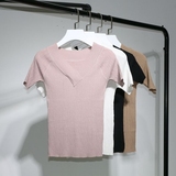 JIPCL 韩单定制新款冰丝棉针织衫女短袖高弹修身短款V领针织T恤潮
