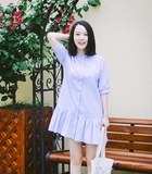 2016年夏季新款竖条纹蓝色衬衫连衣裙女棉麻短袖韩版显瘦直筒中裙
