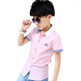 男童短袖衬衫纯棉 儿童中大童粉红色衬衣格子衫2016小学生寸衫