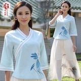 夏装中国风改良汉服古装茶艺师服装中式茶人服棉麻唐装上衣套装女