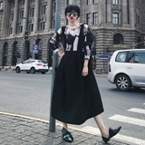 NANA韩版街拍印花拼接假两件背带裙中长款宽松长袖套头连衣裙子