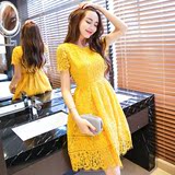 新款2016夏女装韩版黄色蕾丝连衣裙中长款短袖圆领修身显瘦蓬蓬裙