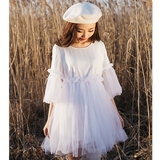 2016春夏日系洋装新款网纱蕾丝白色拼接七分袖显瘦弹力女装连衣裙