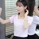 雪纺衫女夏季2016新款韩版半袖大码女装T恤蕾丝小衫百搭短袖上衣
