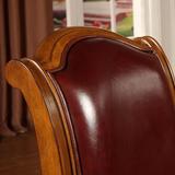 雅尔菲 欧式餐椅美式实木椅子休闲扶手椅书桌椅古典真皮靠背软靠
