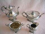 欧洲西洋古董老银器。英国925纯银咖啡茶壶四件套。精致浮雕
