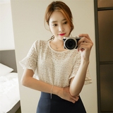 2016夏季新款韩版短款宽松百搭镂空短袖打底白色蕾丝衫上衣女衬衫