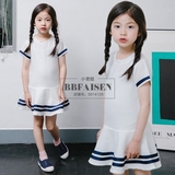 2016韩版童装女童夏季条纹边学生连衣裙中大儿童海军学院风娃娃裙