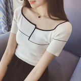 夏季韩版百搭不规则短袖针织打底衫女修身一字领短款露肩T恤上衣