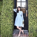 Forevercan2016春季新品天蓝色蕾丝设计经典款高腰显瘦连衣裙女