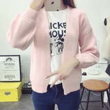 2016秋装新款韩版短款纯色长袖灯笼袖毛衣外套上衣针织衫开衫女装