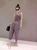 夏新款韩版纯色小格子无袖侧边系带9分阔腿裤连体裤显瘦时尚套装