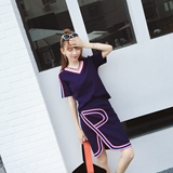 2016韩版夏季条纹v领短袖T恤女开叉针织半身裙包臀裙时尚两件套装