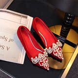 春季新品水钻串珠尖头浅口单鞋中跟粗跟红色结婚新娘鞋女鞋小红鞋