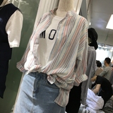 韩国东大门订单JUNE正品彩色竖条纹立领宽松开衫夏季新品女装衬衫