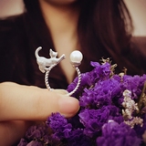 日韩时尚饰品 925纯银可爱猫咪珍珠戒指女食指关节开口指环礼物