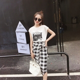 蘑菇家韩版套装女2016夏季新款字母无袖t恤格子一排扣长裙TZ3322