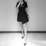 黑色连衣裙2016新款韩版短袖短裙高腰中长款V领腰带大码小黑裙夏