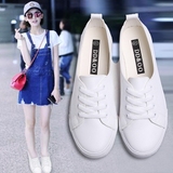 小白鞋女透气浅口鞋平底白色帆布鞋女夏季系带学生韩版平跟休闲鞋