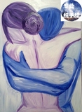 拥抱爱情情侣独特艺术专业手绘油画蓝紫色卧室挂画小众品位独特