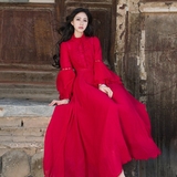 复古连衣裙红色长裙小立领蕾丝边雪纺高腰显瘦大摆裙宫廷旅行写真