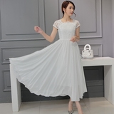 2016夏季韩国大码修身雪纺连衣裙中长款短袖蕾丝长裙纯色仙女气质