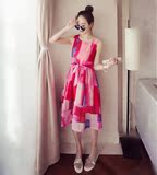 2016夏季新款韩版显瘦柔软欧根纱收腰系带中长款高腰无袖连衣裙女