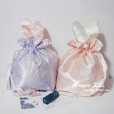 日本原单甜美蝴蝶结兔耳朵化妆包绸缎刺绣收纳袋束口袋杂物包