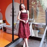 2016泰国代购蕾丝性感露背吊带一字领修身显瘦连衣裙中长裙
