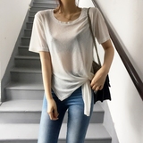 2016夏装韩版宽松IT设计款圆领透视性感中长款上衣短袖t恤女罩衫