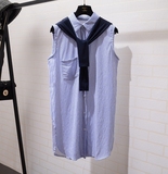2016夏季韩版条纹宽松下摆开叉中长款假两件披肩无袖衬衫女连衣裙