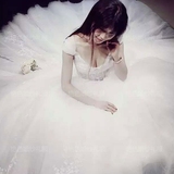 婚纱礼服2016新款一字肩韩式公主修身新娘蕾丝花朵大长拖尾夏显瘦
