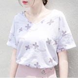 夏季韩版新款女学生甜美时尚印花朵V领镂空宽松休闲纯棉短袖体t恤