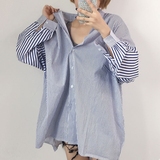 [LAZYS]韩国新品超大宽松显瘦oversize粗细拼接条纹外穿衬衫女