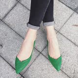 单鞋女春季新款 韩版OL时尚性感编织格纹尖头浅口平底鞋子绿色