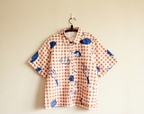 日本原宿古着厨房系列橘红格子宽松棉清新印花蔬菜短袖衬衫