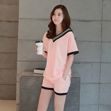 韩版夏季女人睡衣V领短袖短裤纯棉家居服休闲宽松大码运动套装女