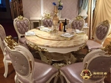 欧式大理石圆桌 法式白色餐桌 天然进口红龙玉圆桌实木餐桌椅旋转