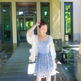 2016夏季韩版时尚套装裙女短款防晒衫+蕾丝V领吊带连衣裙两件套潮