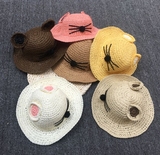 夏季草帽婴儿童遮阳太阳帽猫咪耳朵手工编织柔软草帽宝宝透气帽子