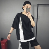 [小蟹] 韩国男装个性开叉两件式宽松短袖T恤  港风潮男纯色半袖T