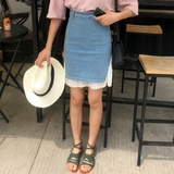 DUTE 韩国订单牛仔拼接高腰半身裙短裙女韩风学院风  B70