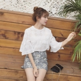 小羽家 2016夏季新款韩版镂空钩花蕾丝罩衫喇叭袖甜美蕾丝上衣女