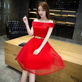 新娘敬酒服2016新款夏季韩版时尚修身短款一字肩红色新娘结婚礼服