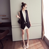 2016夏新款韩版排扣衬衫口袋镂空无袖背心马甲两件套连衣裙女G457