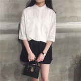 WZ 韩版夏季简约气质小立领宽松显瘦双口袋五分袖白衬衫女衬衣