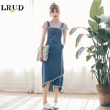 LRUD2016夏季新款韩版不规则流苏牛仔背带裙女中长款开叉连衣裙